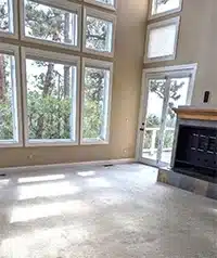 A bright, empty living room with tall windows, a glass door, and a fireplace. Trees are visible outside, and natural light fills the carpeted space.